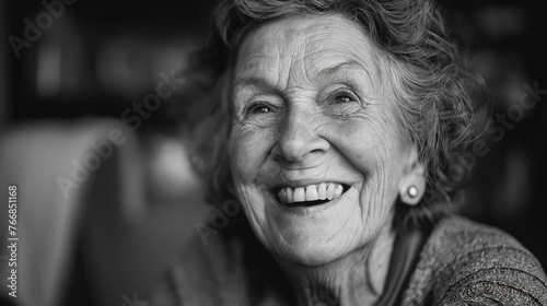 Happy old woman laughing, black and white photo, close-up portrait