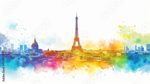 Paris en couleur pour les jeux olympiques, aquarelle sur une vue de la capitale française, illustration ia générative