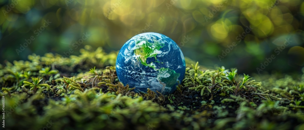 An image highlighting Earth amidst moss, signifying the planet's fragile beauty with a golden light backdrop An image highlighting Earth amidst moss, signifying the planet's fragile beauty with a golden light backdrop