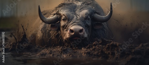 A majestic bull  a terrestrial animal with powerful horns  is standing in the mud  its snout curious as it looks directly into the camera amidst a dark wildlife landscape