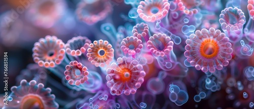 Close-up of coral-like microscopic structures with vivid pink and purple hues creating an abstract sea-life scene