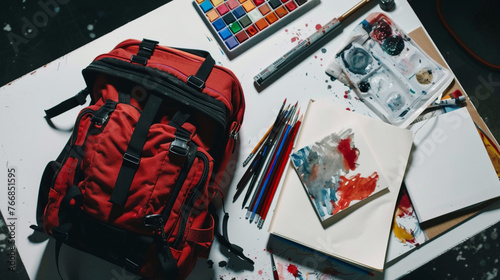 A backpack filled with art supplies and sketchbooks, positioned on a white surface, reflecting the creative spirit of a student ready for a day of artistic expression.