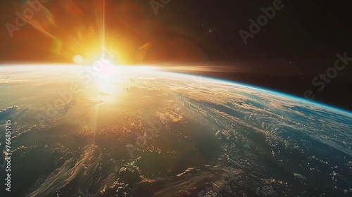 planet earth at sunrise from space, sun setting over horizon, cosmic dawn, orbit glow, solar light, universe atmosphere photo