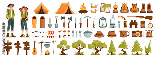 A guy and a girl are tourists. Tree, grass, fir tree and yellow tent. Travel backpack and sleeping bag. Grilled sausages, shish kebab and marshmallows. Vector