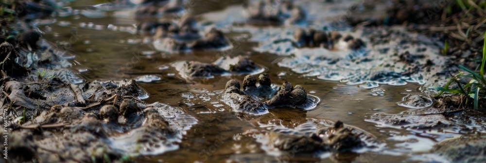 Detailed close-up of muddy terrain with intriguing patterns of cracks and water pools reflecting subtle light Detailed close-up of muddy terrain with intriguing patterns of cracks and water pools reflecting subtle light