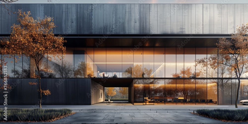 The image shows a modern building with a black facade and large glass windows. The building has a unique design with a first floor that appears to be floating. The sky is grey and overcast. - obrazy, fototapety, plakaty 
