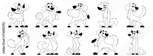 Cute dogs vector set Black linear style. Dog or puppy characters create a collection of flat color in different poses. Set of funny pets.
