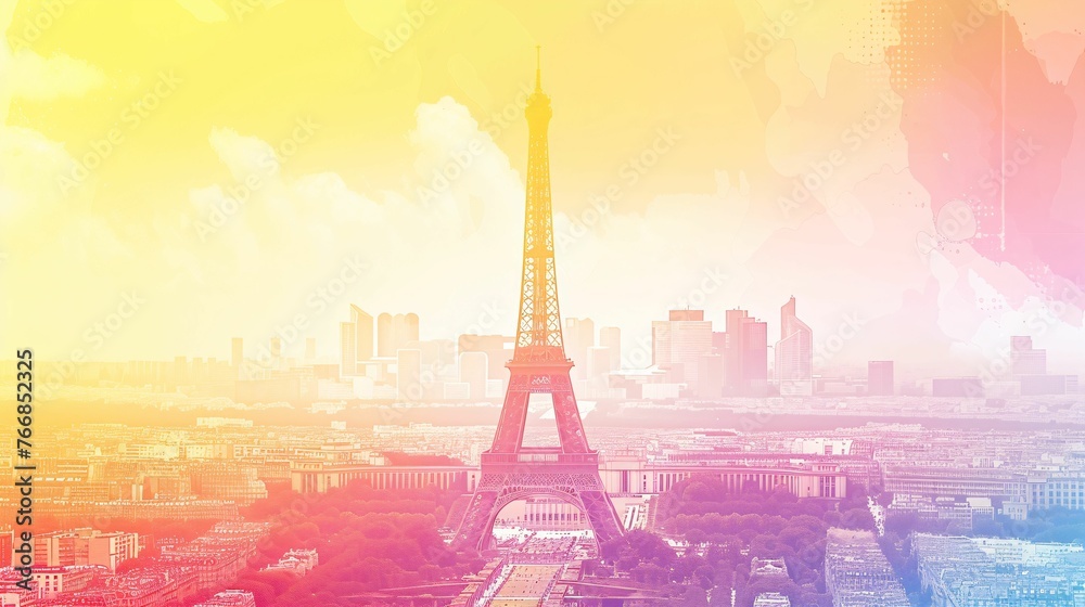 Paris en couleur pour les jeux olympiques, aquarelle sur une vue de la capitale française, illustration ia générative - obrazy, fototapety, plakaty 