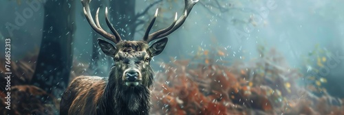 A powerful stag is captured in the enchanting ambiance of a rainy forest, creating a dreamlike scene