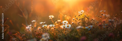 Gentle sunlight filters through a field of daisies, highlighting the flowers' delicate beauty during golden hour