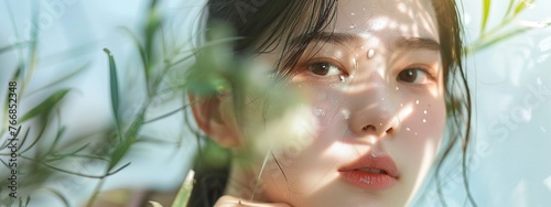 woman with beautiful glowing face, skincare and cosmetics concept focusing on happy healthy Asian girl touching her natural smooth skin in a beauty portrait photo