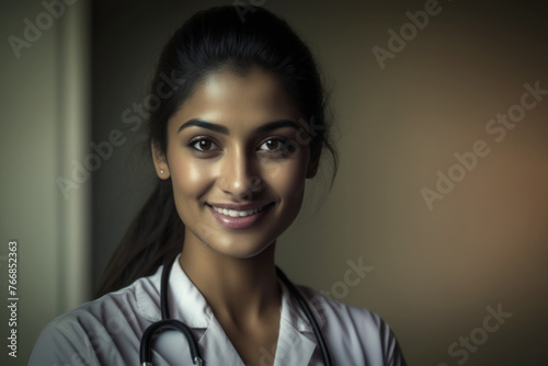 Smiling young medical professional of Indian origin with a stethoscope 