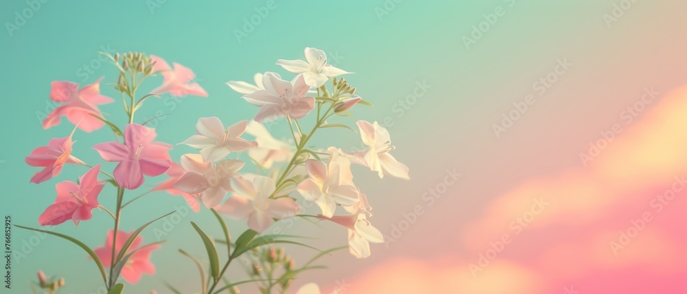 Pink and white blossoms amidst a blue-pink sky, adorned with a pink-yellow cloud backdrop Pink and white blossoms amidst a blue-pink sky, adorned with a pink-yellow cloud backdrop