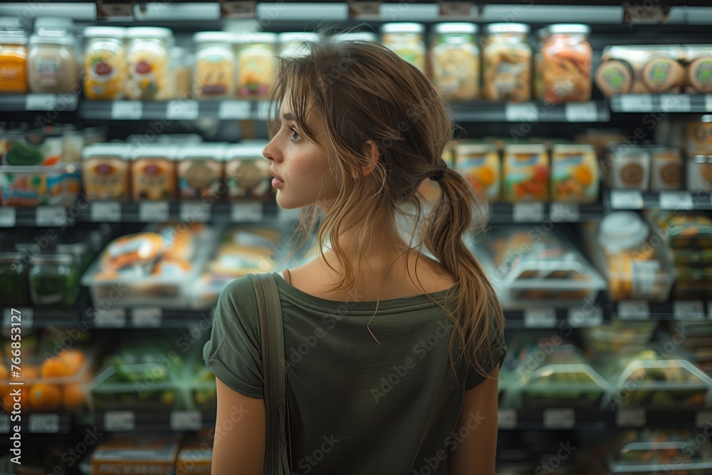 A customer is browsing the shelves of a retail store, gesturing towards the natural foods section. She is looking at whole food options and possibly alcoholic beverages