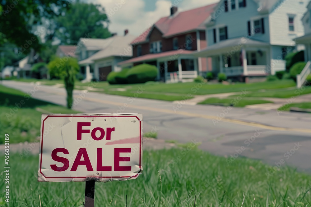House for sale. A crumpled sign for the sale of a dilapidated house in a disadvantaged area. House for sale. A crumpled sign for the sale of a dilapidated house in a disadvantaged area.
