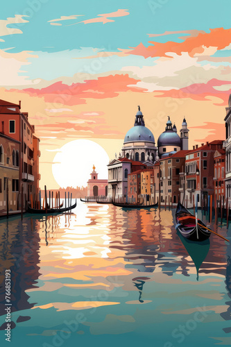 Venetian sunset over the Grand Canal. A gondola glides through the water in this digital artwork