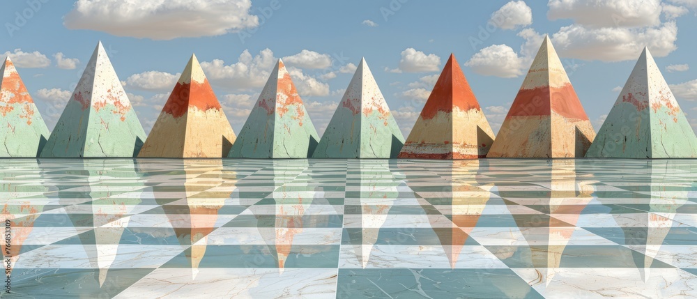 Pyramid cluster on water's edge, surrounded by blue sky Pyramid cluster on water's edge, surrounded by blue sky