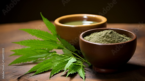 Medicinal neem leaves with ground paste stock photo