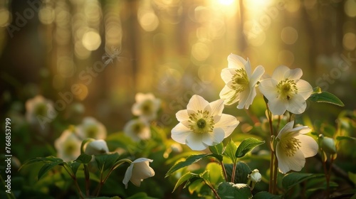 The Helleborus niger flower blooms in the forest during spring.