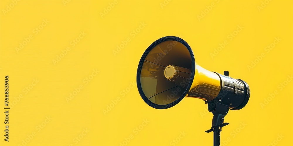 Megaphone in focus against vibrant yellow background, ideal for themes of attention, speech, and activism Megaphone in focus against vibrant yellow background, ideal for themes of attention, speech, and activism