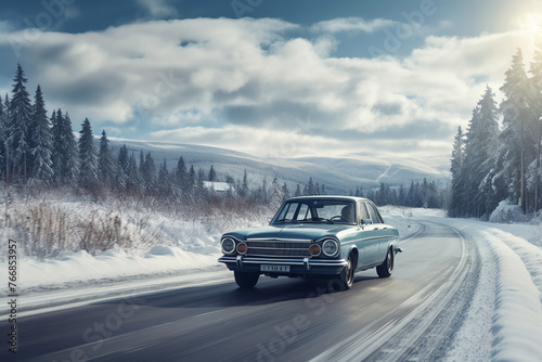 Modern car driving on a snowy road in a sunny winter day. The four-wheel drive car of the modern SUV remains on the side of the winter road. © Stas