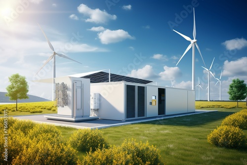 Sunset with modern battery energy storage system and background of wind turbines and solar panel power plants.