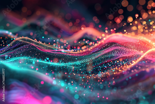 Waves of vibrant color against a black background. abstract background with multicolored particles and lines twisted design background of curved lines and particles.