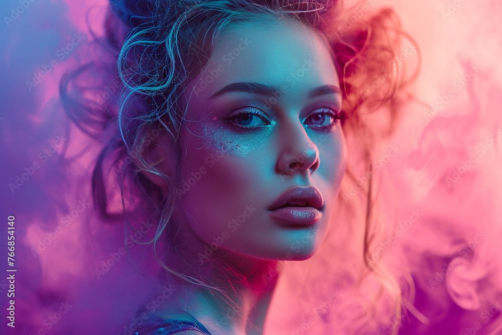 Portrait of high fashion Smoking girl, Close up of a female inhaling from an electronic cigarette. Young girl in blue neon colors with smoke, gold chain around her neck,