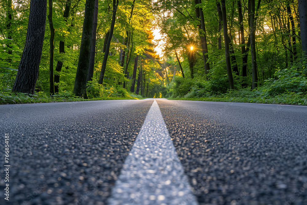 Fototapeta premium Black Asphalt Road And White Dividing Lines. Summer Sunset on the Road Lines