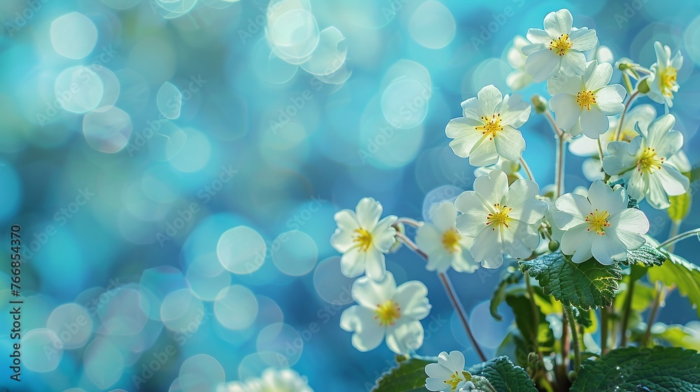 close-up of white primroses in a spring forest with a gentle sky-blue background showing vibrant blooms and detailed floral nature