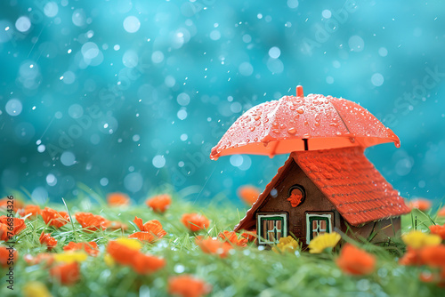 A toy house with umbrella on top. Perfect for children's playtime or showcasing summer fun miniature model house with umbrella. photo