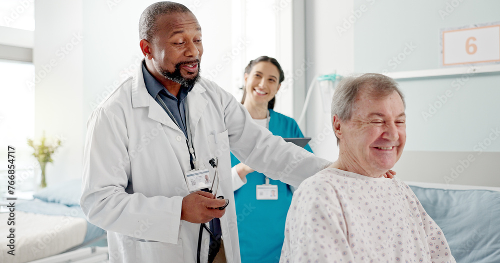 Fototapeta premium Senior patient, doctor and hospital with breathing check and stethoscope for heart exam in a clinic. Elderly care, wellness and medical help of African male professional with healthcare and listening