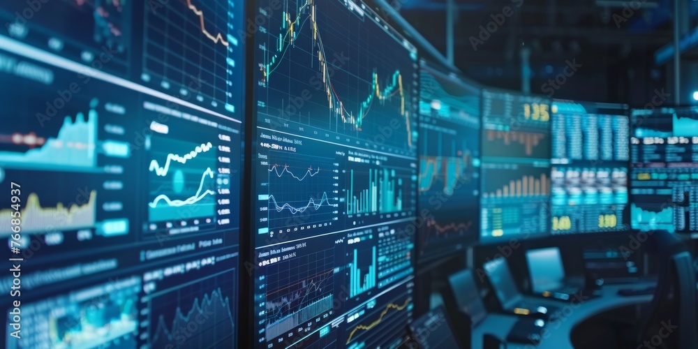 High-Tech Investment Analysis: Screens Filled with Market Fluctuations - obrazy, fototapety, plakaty 