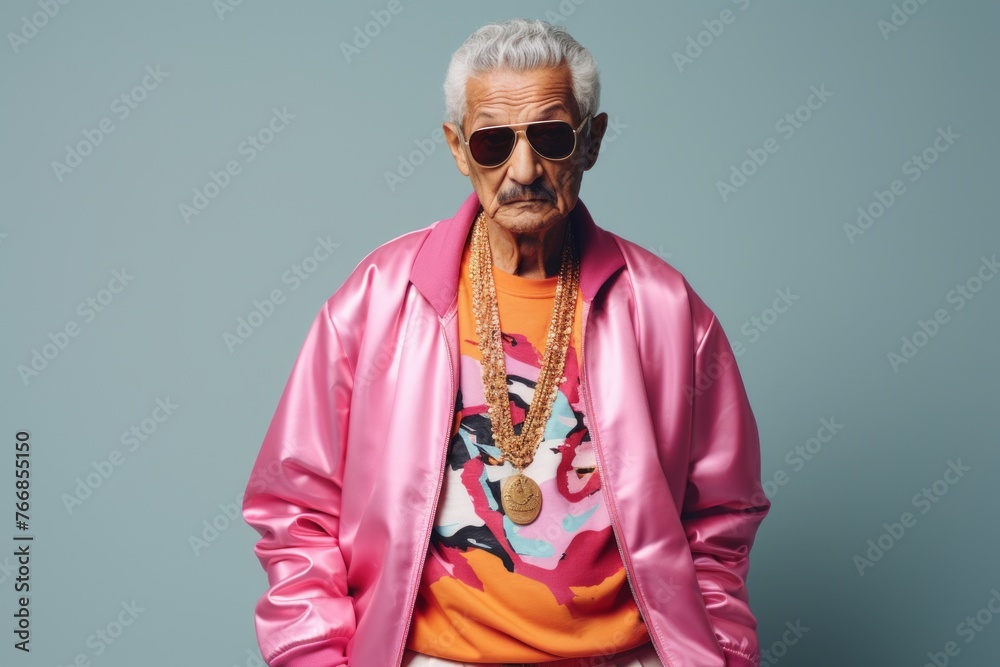Portrait of an old man in sunglasses and a pink jacket.