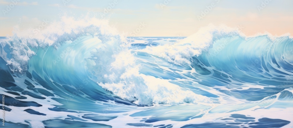 A mesmerizing painting capturing a large ocean wave with the sky and clouds in the background, showcasing the power and beauty of nature A mesmerizing painting capturing a large ocean wave with the sky and clouds in the background, showcasing the power and beauty of nature