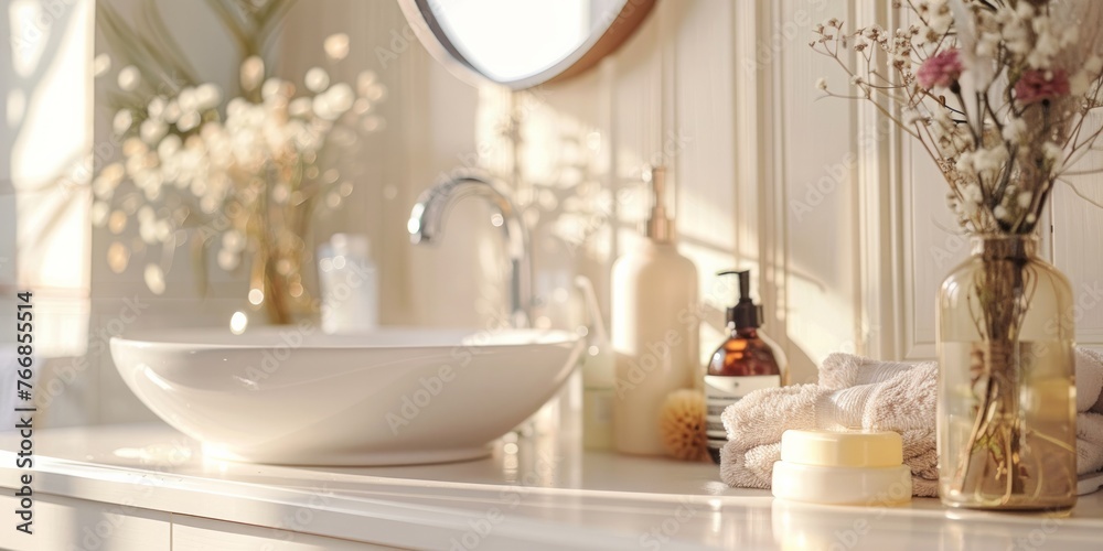 Fototapeta premium Elegant bathroom interior with natural skincare products on pristine vanity