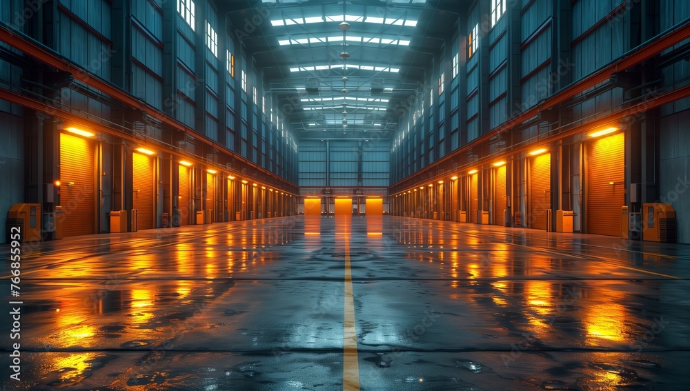 A spacious building with numerous doors and bright lights, featuring symmetrical glass fixtures and electric blue tints. The cityscape is visible through rectangleshaped windows on the walls