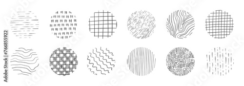 Set of hand drawn texture with different pencil patterns. Crosshatch, rain, wood, wave and lines. Vector illustration on white background