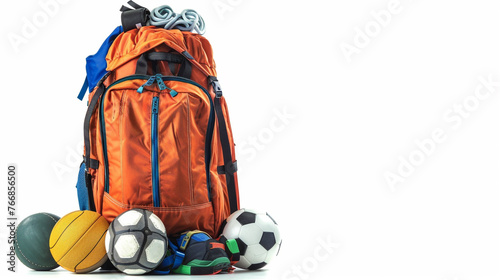 A backpack filled with sports gear and equipment, positioned on a white background, symbolizing the student's enthusiasm for physical education and extracurricular activities.