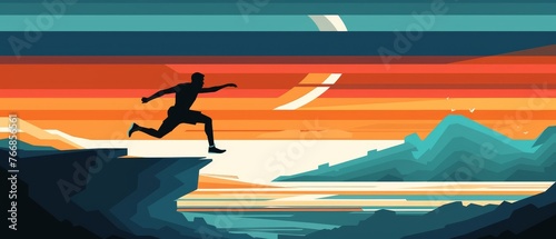   Man on Cliff Running - A stunning image of a person jogging on the edge of a cliff against a backdrop of an orange-blue sky and majestic mountains