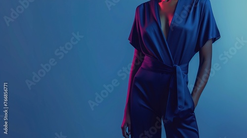 A UHD capture of a chic and modern jumpsuit in a sleek navy blue hue, featuring a wrap-style bodice and wide-leg pants. photo