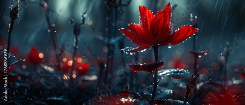  A red flower in a green field glistens with water droplets on its petals