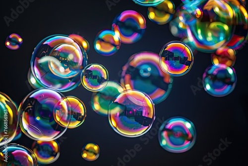Group of colorful soap bubbles flying on black background