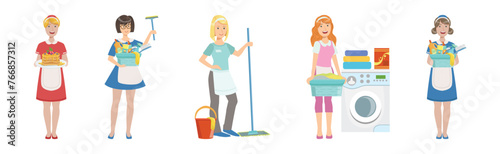 Woman Maid Character in Apron with Cleaning Tools Vector Set