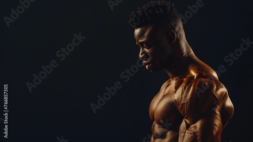 A young man demonstrating his muscle strength and bodybuilding prowess in a sporty concept against a