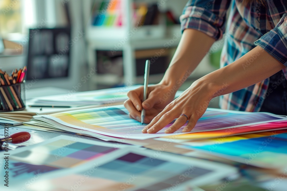 A graphic designer meticulously arranging color samples while at work A graphic designer meticulously arranging color samples while at work