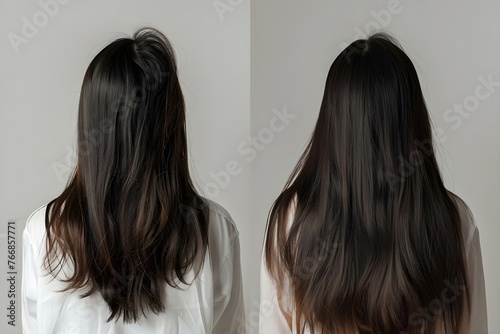 Before and after photo of a womans hair transformation with a keratin treatment in a studio. Concept Hair Transformation, Before and After, Keratin Treatment, Studio Photoshoot