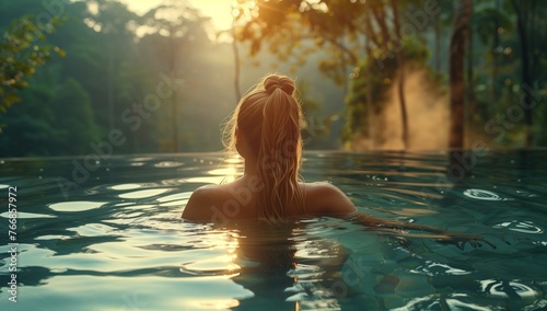 A woman is leisurely swimming in a natural landscape at sunset, surrounded by water, trees, and sunlight, feeling happy and relaxed