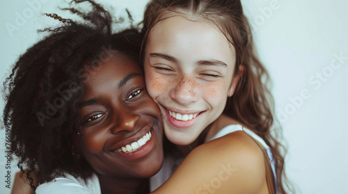 Retrato de Dos mujeres jóvenes una negra y otra blanca abrazadas y sonriendo juntas.  photo