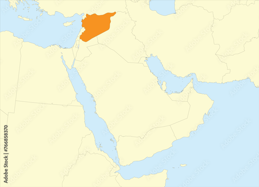Fototapeta premium Orange detailed CMYK blank political map of SYRIA with black national country borders on beige continent background and blue sea surfaces using orthographic projection of the Middle East